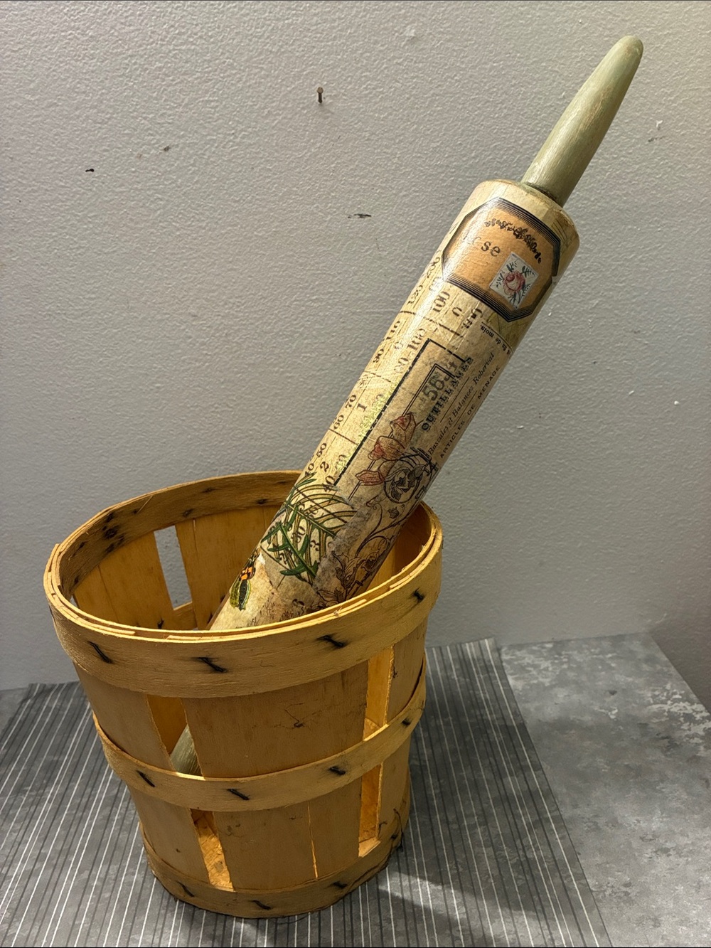 Yellow Wooden Storage Basket - Rustic Decorative Bin